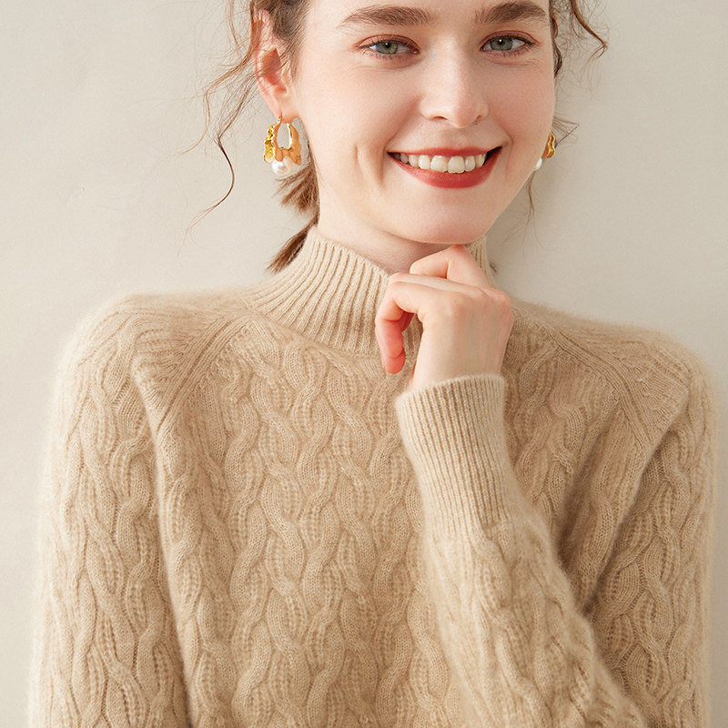 欧货山羊绒毛衣女纯羊绒品牌半高领羊绒衫针织毛衣麻花加厚打底衫
