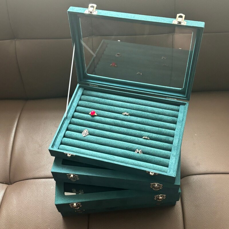 恒晶墨绿绒布戒指项链耳钉首饰盒