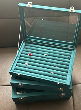 恒晶墨绿绒布戒指项链耳钉首饰盒