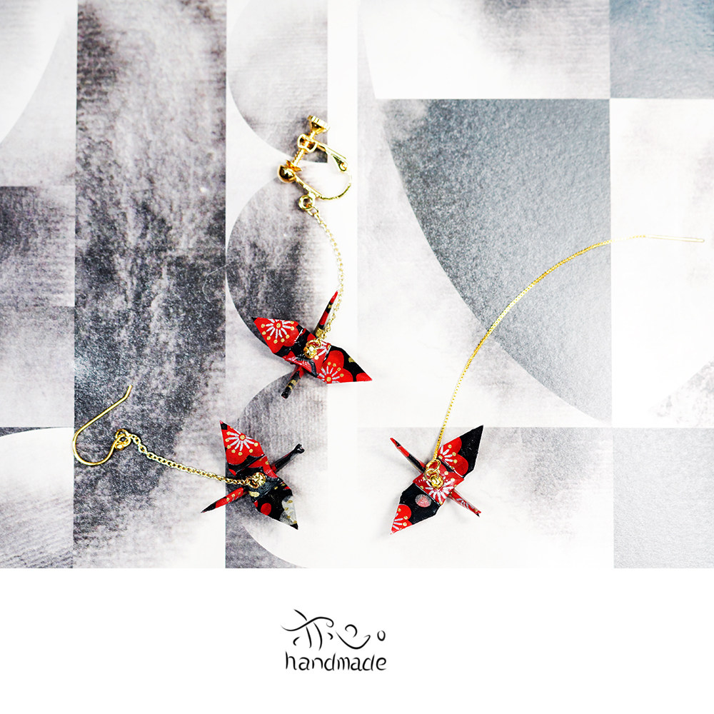 【红黑】亦心原创设计和风日式千纸鹤手工折纸耳环耳线耳夹