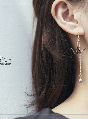 黑天鹅亦心handmade黑色系日系千纸鹤耳环易烊千玺耳线无耳洞耳夹