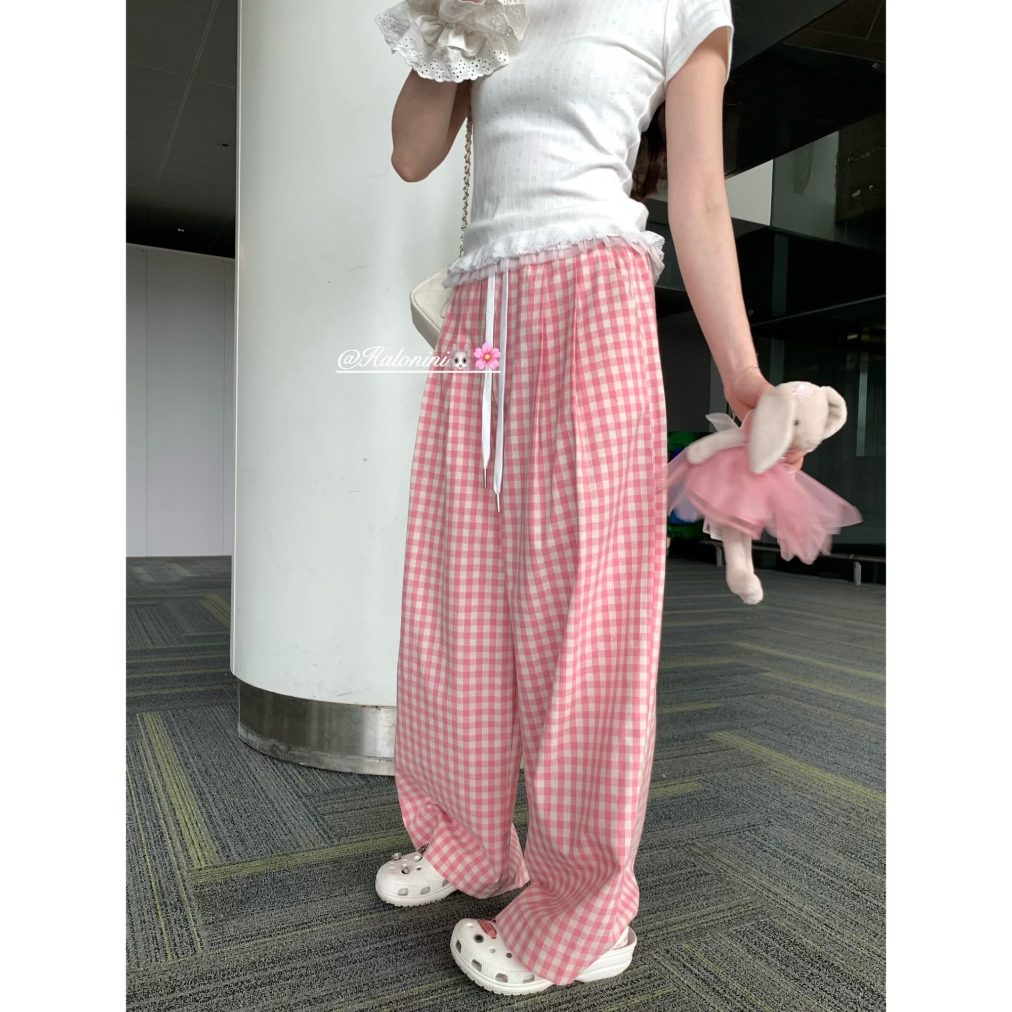 Halonini 蜜桃气泡水 慵懒韩系高腰设计感粉色格纹显瘦休闲阔腿裤,女装/女士精品,休闲裤,淘宝优惠券,粉丝福利购,淘宝优惠卷