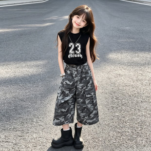 女童套装2026新款夏季韩版无袖背心迷彩七分裤两件套中大童运动风