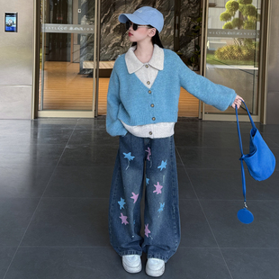 2026秋季新款极简风女童假两件针织开衫蓝色衬衫领中大童毛衣外套
