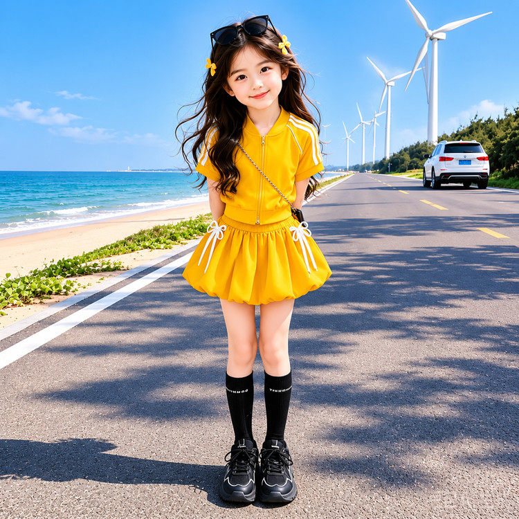 韩版夏季2026新款女童运动风两件套黄色卫衣花苞裙高腰半身裙套装