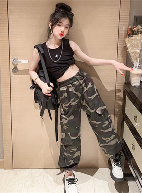 女童女童2023夏季背心迷彩裤套装