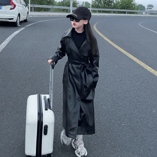 女童复古中长款过膝皮衣外套女装2026年春秋季高级感大衣气质风衣