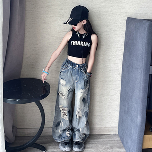 女童美式复古夏季潮流韩版宽松手绘破洞牛仔裤中大童个性休闲长裤