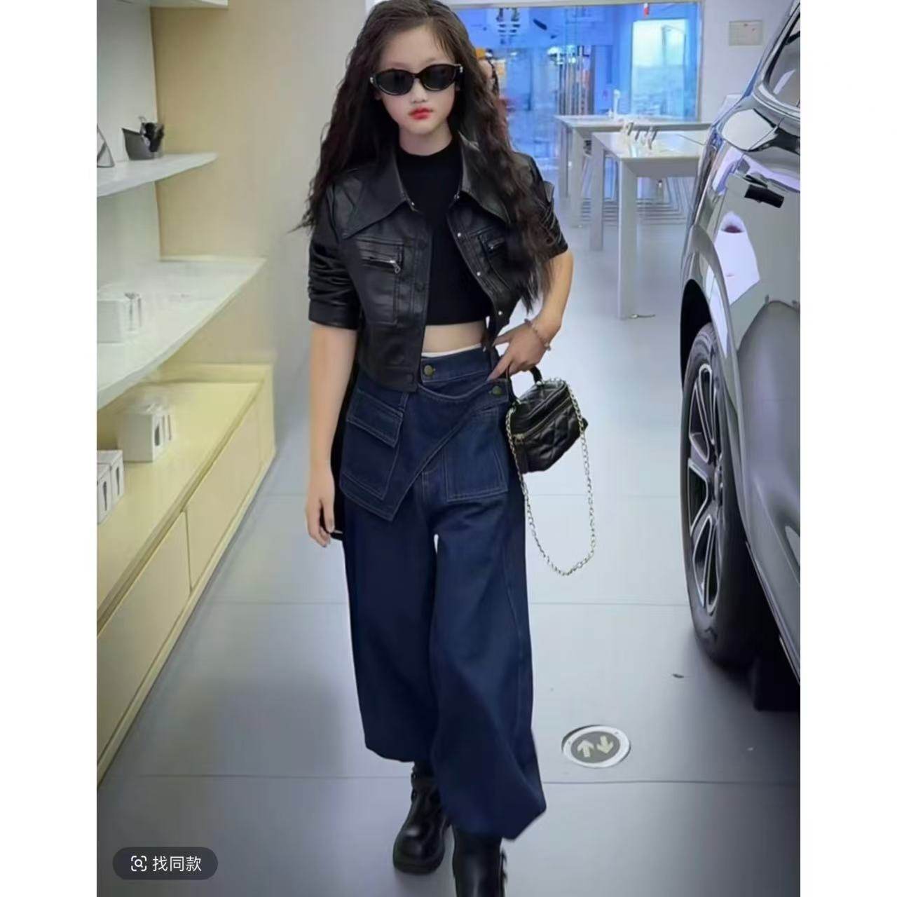 女童炸街短款皮衣外套2025春秋新款女孩洋气韩版休闲牛仔裤两件套,童装/婴儿装/亲子装,套装,淘宝优惠券,粉丝福利购,淘宝优惠卷