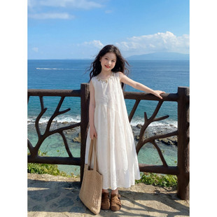 女童2026新款无袖白色连衣裙夏季中裙休闲长裙柔软舒适海边度假风