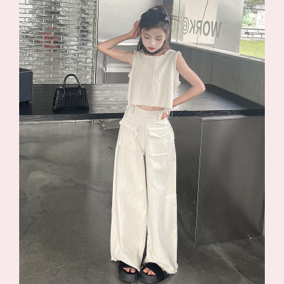 2025夏季新款女童韩系小毛病气质小香风背心双口袋大脚裤两件套潮
