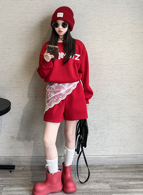 女童春秋韩版甜美卫衣短裤三件套