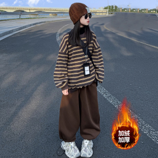 女童秋冬款一体绒韩版2025洋气中大童加绒加厚条纹卫衣休闲裤套装