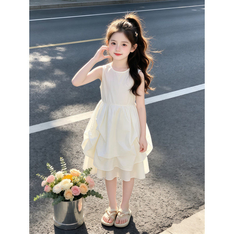 女童2026新款白色无袖连衣裙夏季公主风蛋糕裙中长裙生日礼服裙