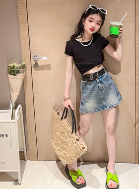女童023夏季T恤牛仔短裙套装
