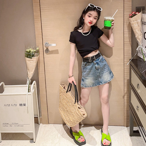 女童023夏季T恤牛仔短裙套装