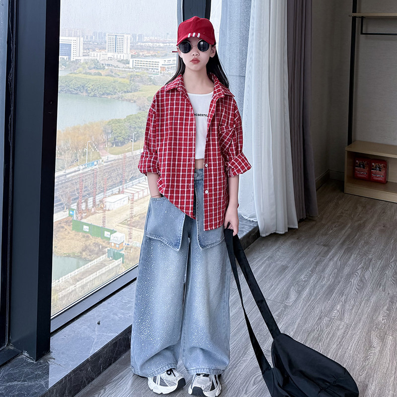 女童春装红色格子衬衫2026新款中大童洋气春秋甜美长袖上衣休闲潮