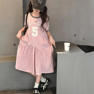 韩版女童2026夏季短袖连衣裙宽松中长裙粉色拼接元气轻活风裙子