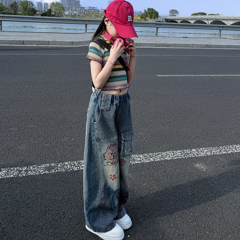 女童潮酷个性T恤牛仔裤套装2026新款中大童女孩夏季短袖彩色短袖T