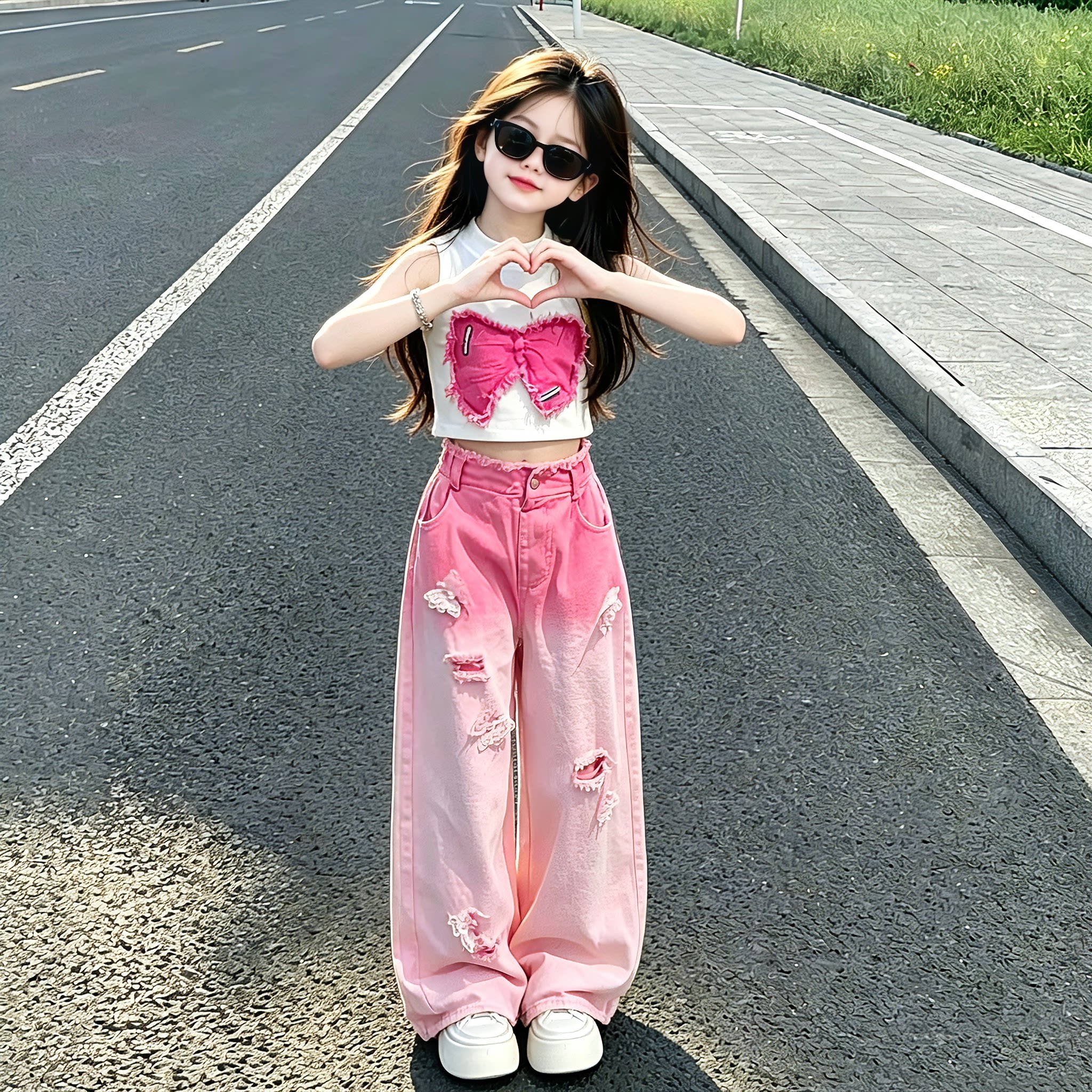 女童夏季多巴胺蝴蝶结牛仔两件套图片