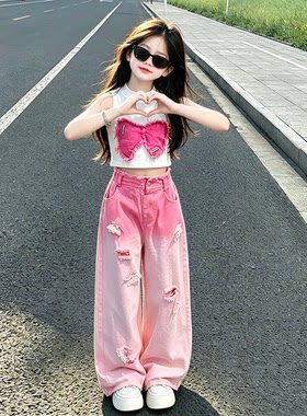 女童夏季多巴胺蝴蝶结牛仔两件套