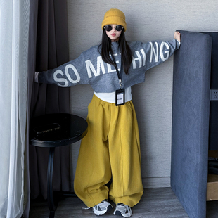 女童弯刀阔腿裤黄色休闲长裤宽松直筒裤中大童裤子2025秋冬新款潮