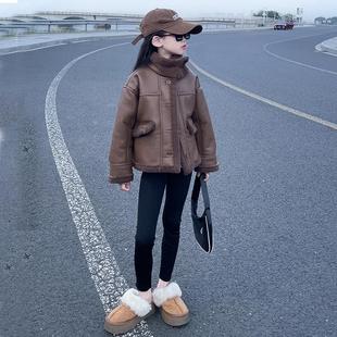 女童皮衣外套冬季新款儿童羊羔绒皮毛一体加绒加厚潮酷夹克上衣潮