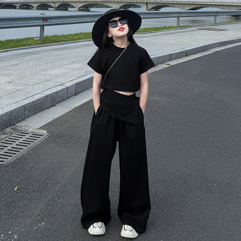 女童2025夏季新款韩系不规则拼接T恤中大童洋气时尚阔腿裤两件套,童装/婴儿装/亲子装,套装,淘宝优惠券,粉丝福利购,淘宝优惠卷