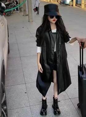 女童春秋长款皮衣外套2026儿童