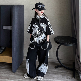 女童半拉链短袖涂鸦嘻哈套装2026大儿童街舞hiphop炸街演出潮服