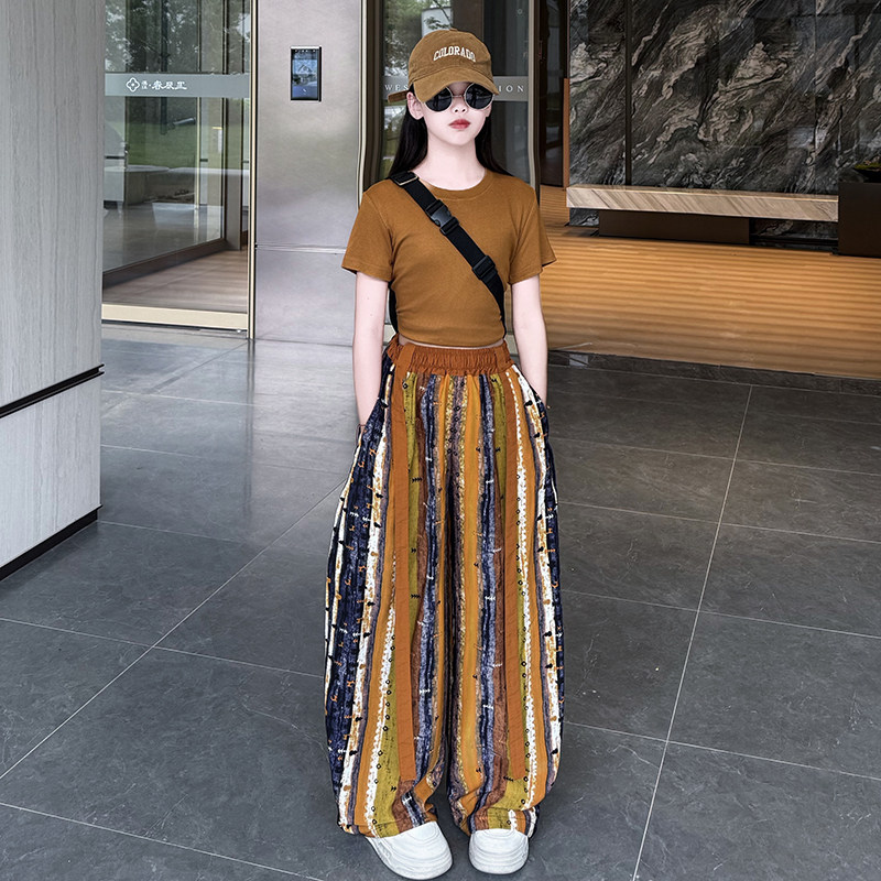 休闲运动套装女童2026夏季短袖上衣阔腿裤两件套彩色条纹宽松显瘦