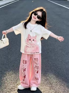 夏季女童猫咪T恤牛仔裤两件套