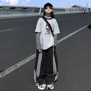 女童2026春秋季时尚卡通宽松韩版假两件卫衣阔腿豹纹裤套装新品潮