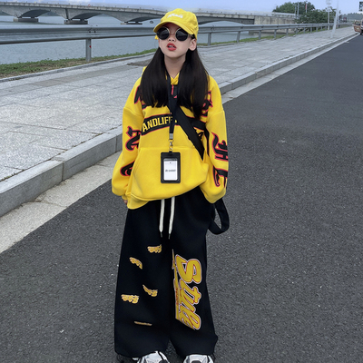 女童2025复古字母连帽卫衣套装