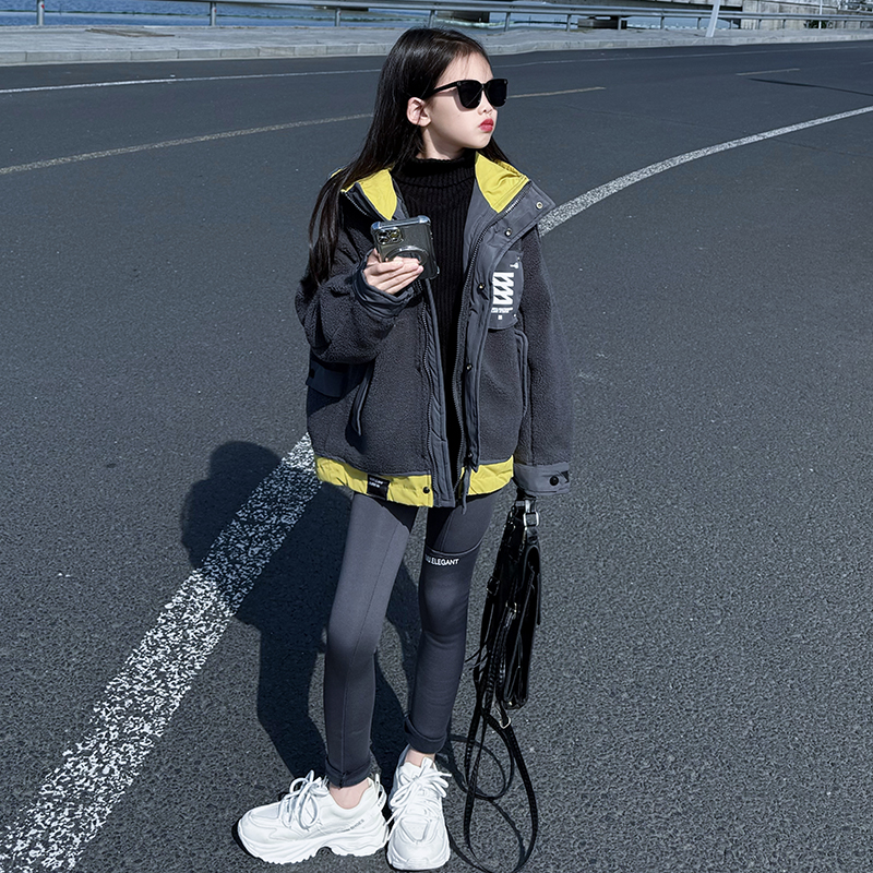 女童拼色夹棉毛毛衣外套秋冬新款洋气中大童加厚保暖韩版冬装上衣