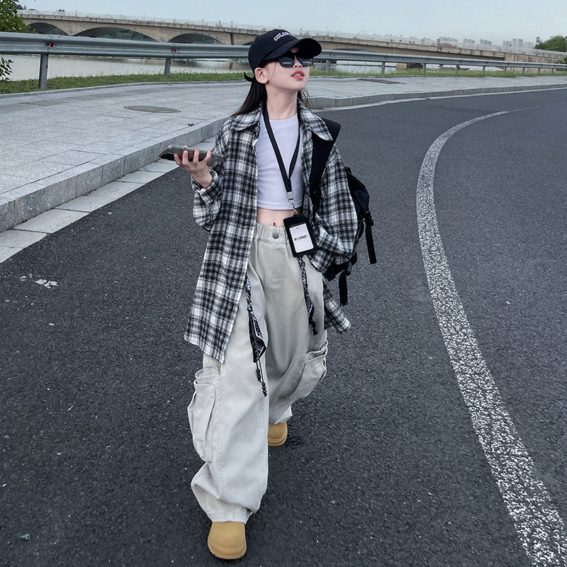 女童春秋款韩版休闲格子衬衫2025中大童初中生时髦洋气儿童秋装潮