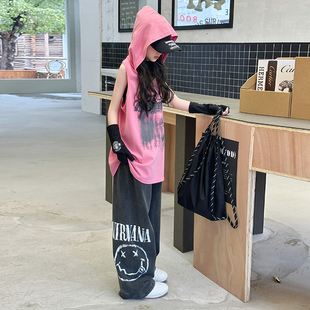 女童套装2025新款夏季背心T恤女大童运动街舞潮酷表演三件套童装