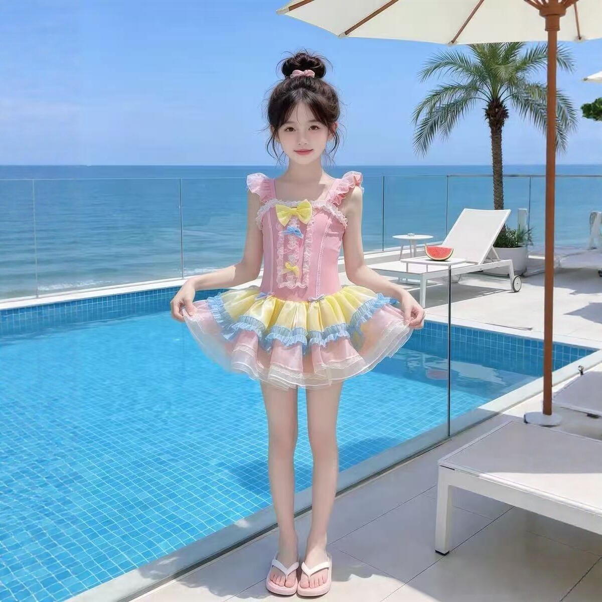 女童粉色连体泳衣女孩甜美速干游泳衣儿童蕾丝公主裙女宝温泉泳装