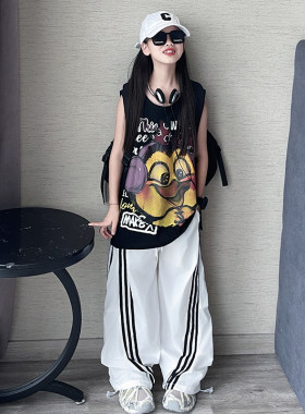 女童夏季2026新款中大童女孩卡通印花洋气中长款休闲无袖背心T恤