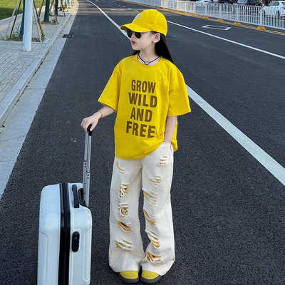 网红女童破洞牛仔裤2025夏季新款韩版儿童洋气时髦乞丐裤直筒裤潮
