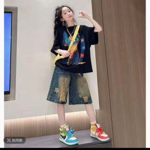 女童夏季超好看套装中大童个性印花短袖T恤薄款破洞牛仔裤潮2件套