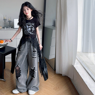 女童夏季套装2025新款潮范蕾丝短袖上衣儿童破洞黑纱牛仔裤两件套