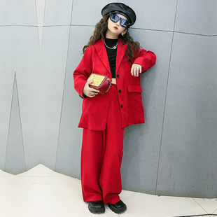 女童春装套装2025新款女大童网红时髦洋气西装大红色百搭两件套潮