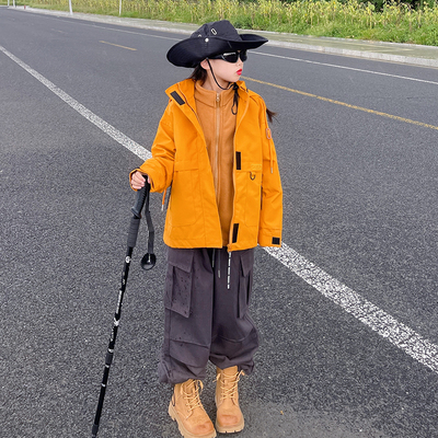 玫瑰刘亦菲同款黄色冲锋衣女童高级感户外三合一防风雨登山服外套