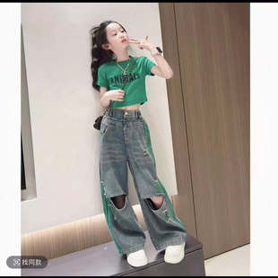 女童夏款炸街辣妹恤阔腿裤套装中大童酷飒破洞牛仔裤直筒裤短袖潮