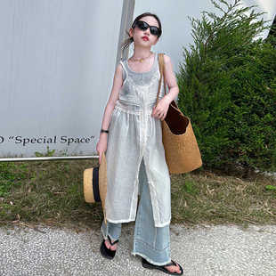 小女孩背心纱裙三件套中大童2025新款洋气时髦夏装女童韩版潮套装