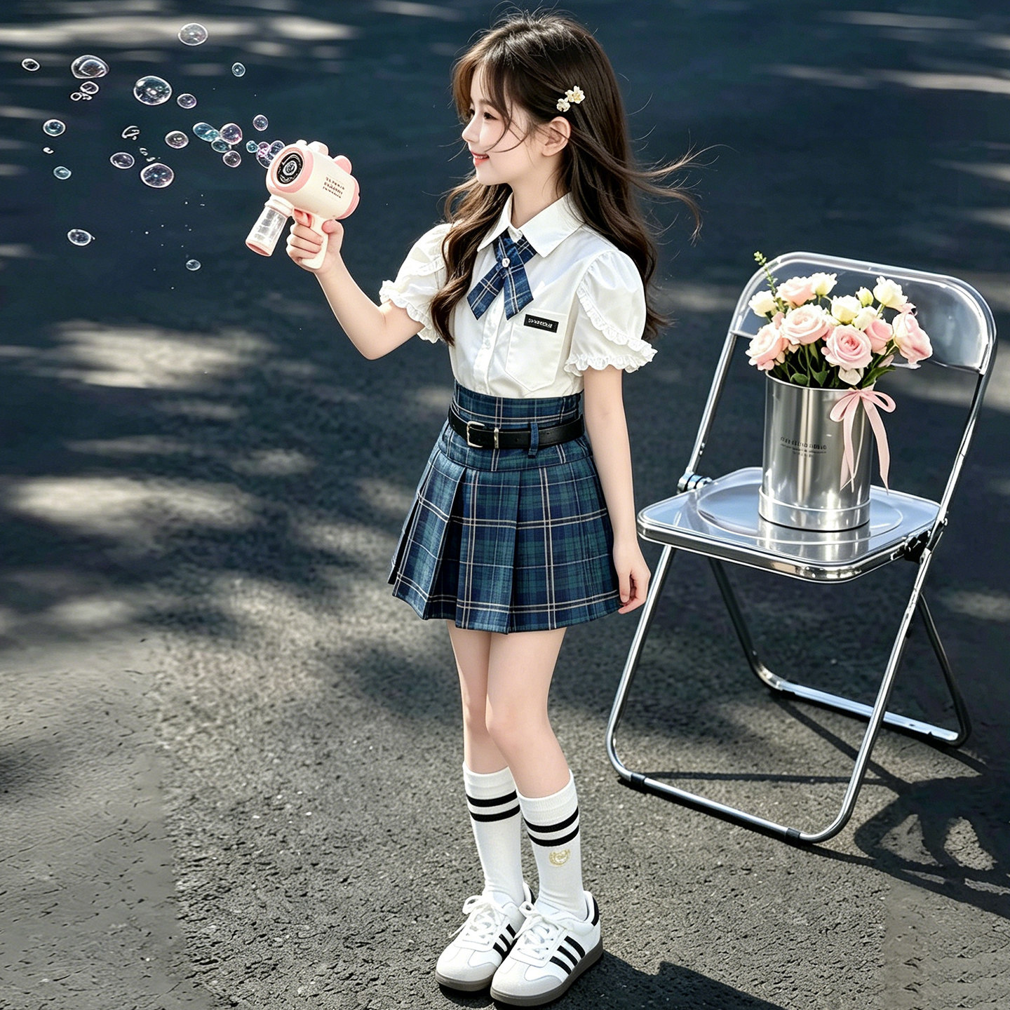 韩版学院风jk制服套装女童2026新款夏季蝴蝶结衬衫格子裙两件套