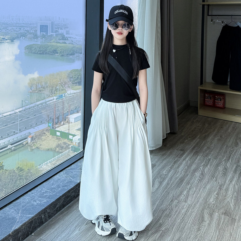 女童短袖体恤2026新款褶皱休闲西装裤夏季拖地长裤裙薄款两件套潮