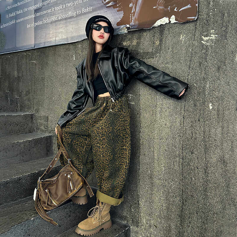 女童秋装短款皮衣外套2025新款韩版时髦儿童休闲豹纹裤两件套潮酷,童装/婴儿装/亲子装,套装,淘宝优惠券,粉丝福利购,淘宝优惠卷