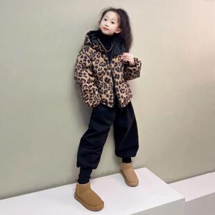 女童豹纹羽绒服双面穿2025冬季新品韩版洋气亲子装连帽面包服外套